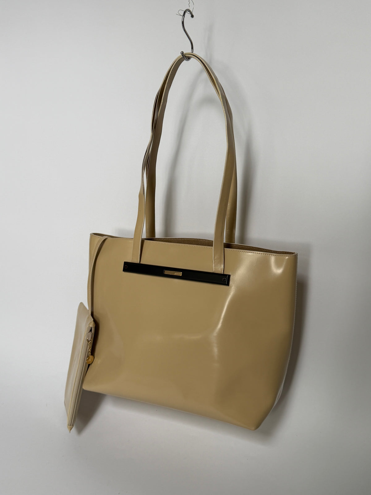 Beige Patent Leather Tote Bag with Suede Lining