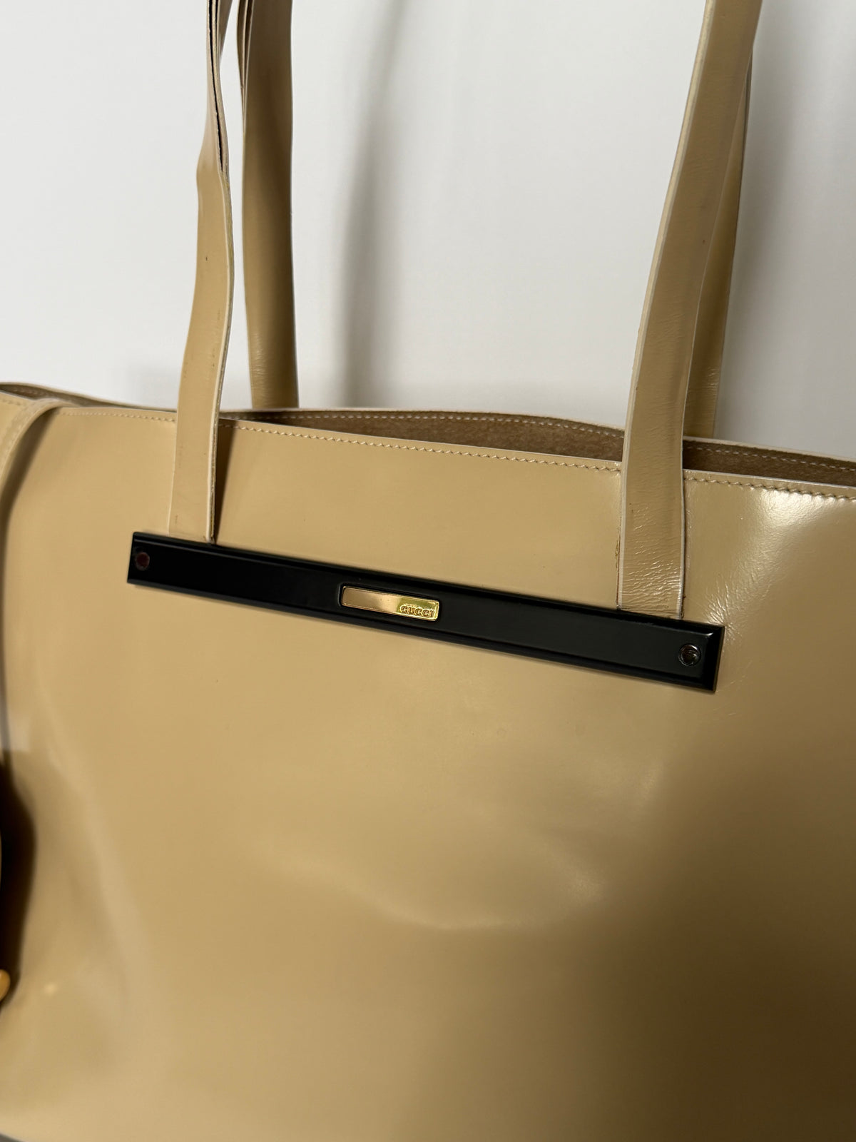 Beige Patent Leather Tote Bag with Suede Lining