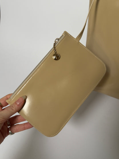 Beige Patent Leather Tote Bag with Suede Lining
