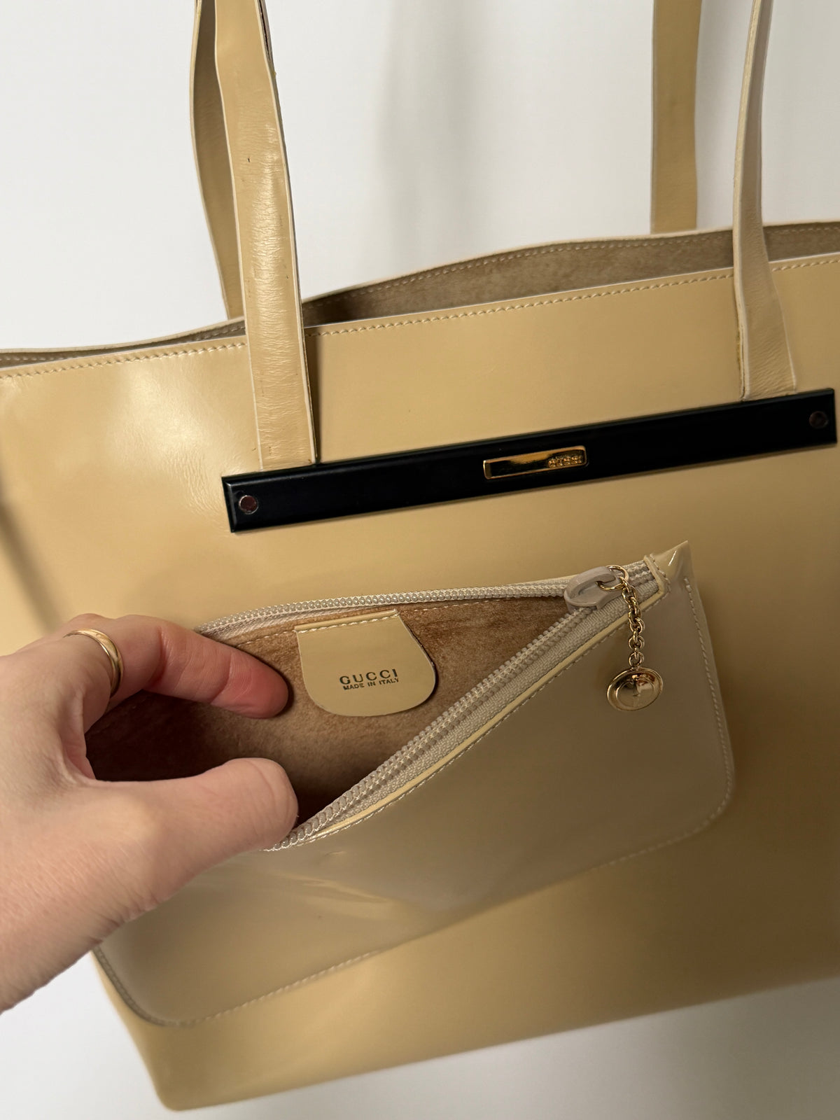 Beige Patent Leather Tote Bag with Suede Lining