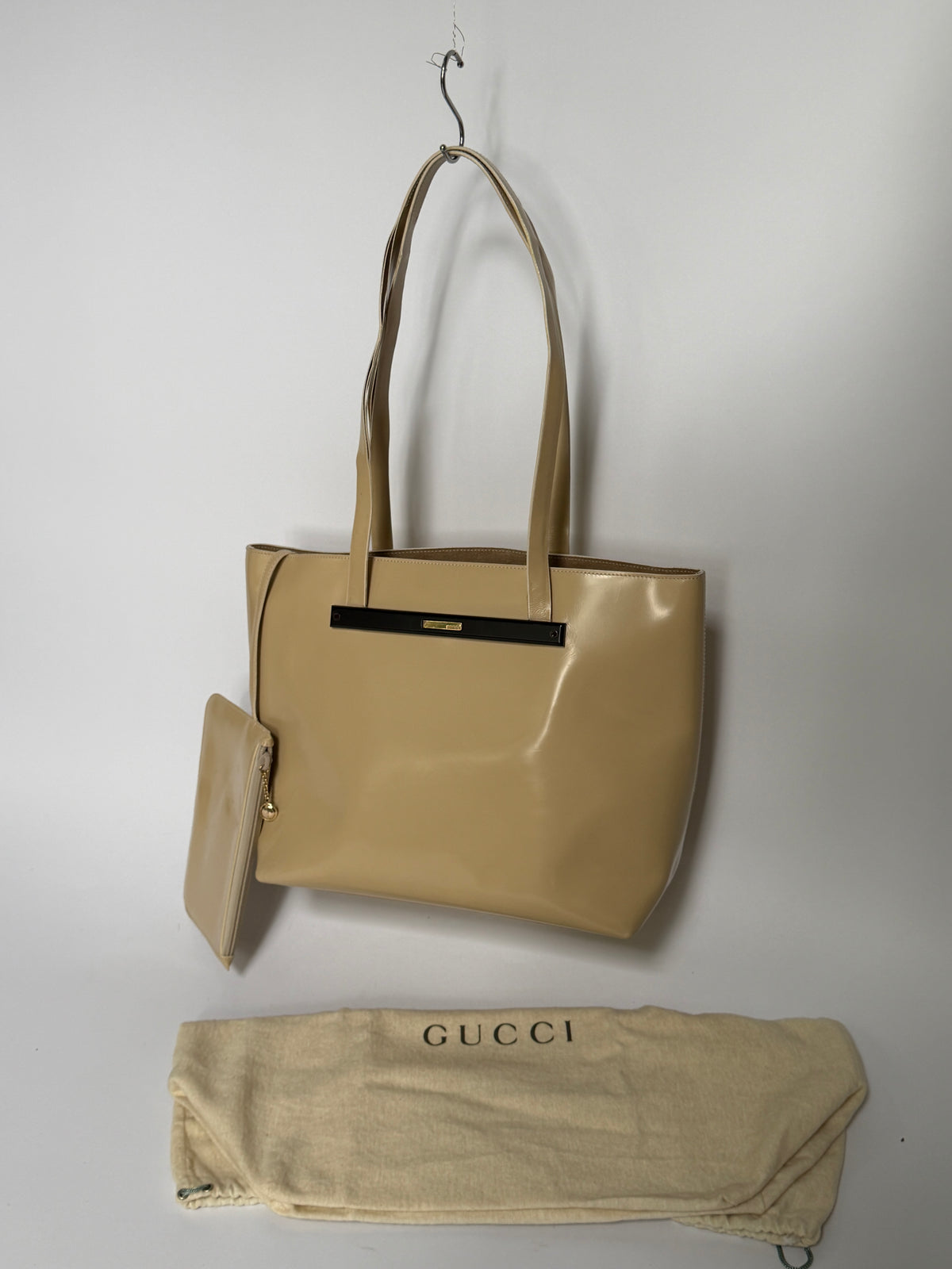Beige Patent Leather Tote Bag with Suede Lining