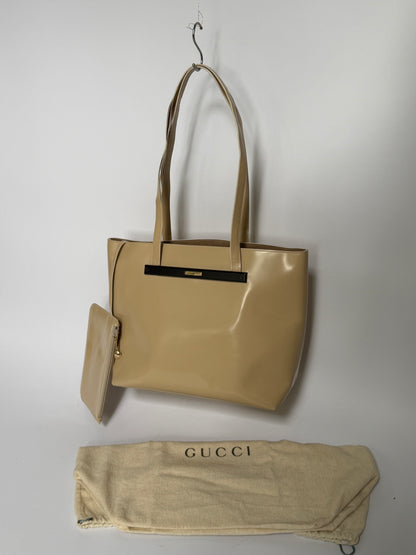 Beige Patent Leather Tote Bag with Suede Lining