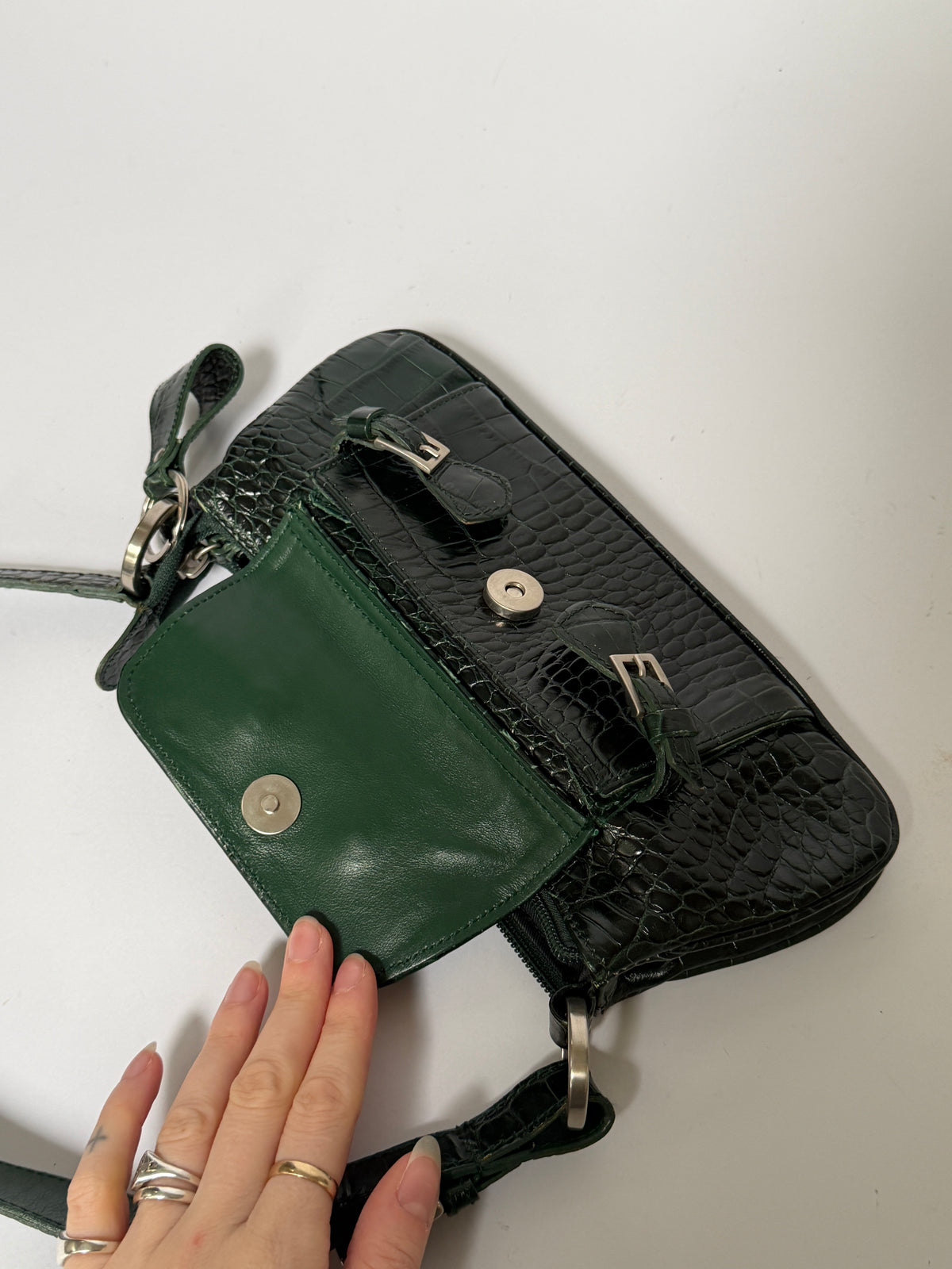 Dark Green Croc-Embossed Leather Baguette Shoulder Bag