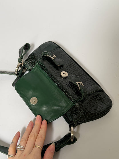 Dark Green Croc-Embossed Leather Baguette Shoulder Bag
