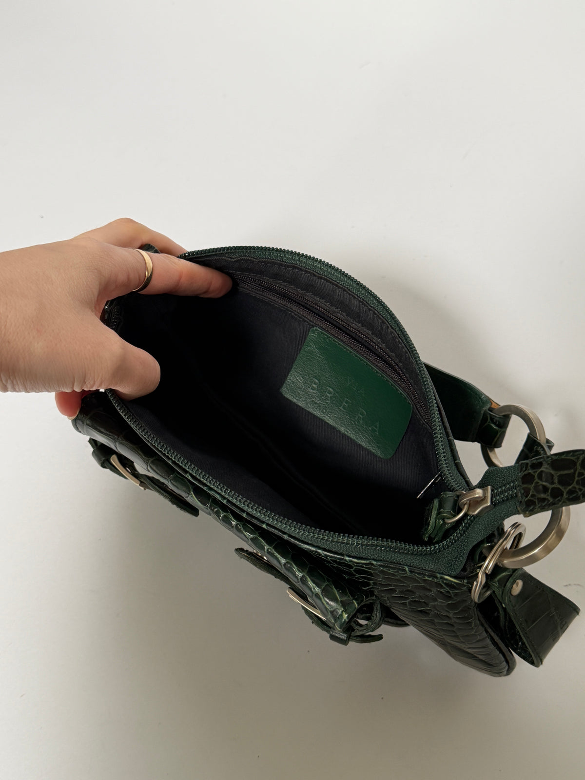 Dark Green Croc-Embossed Leather Baguette Shoulder Bag