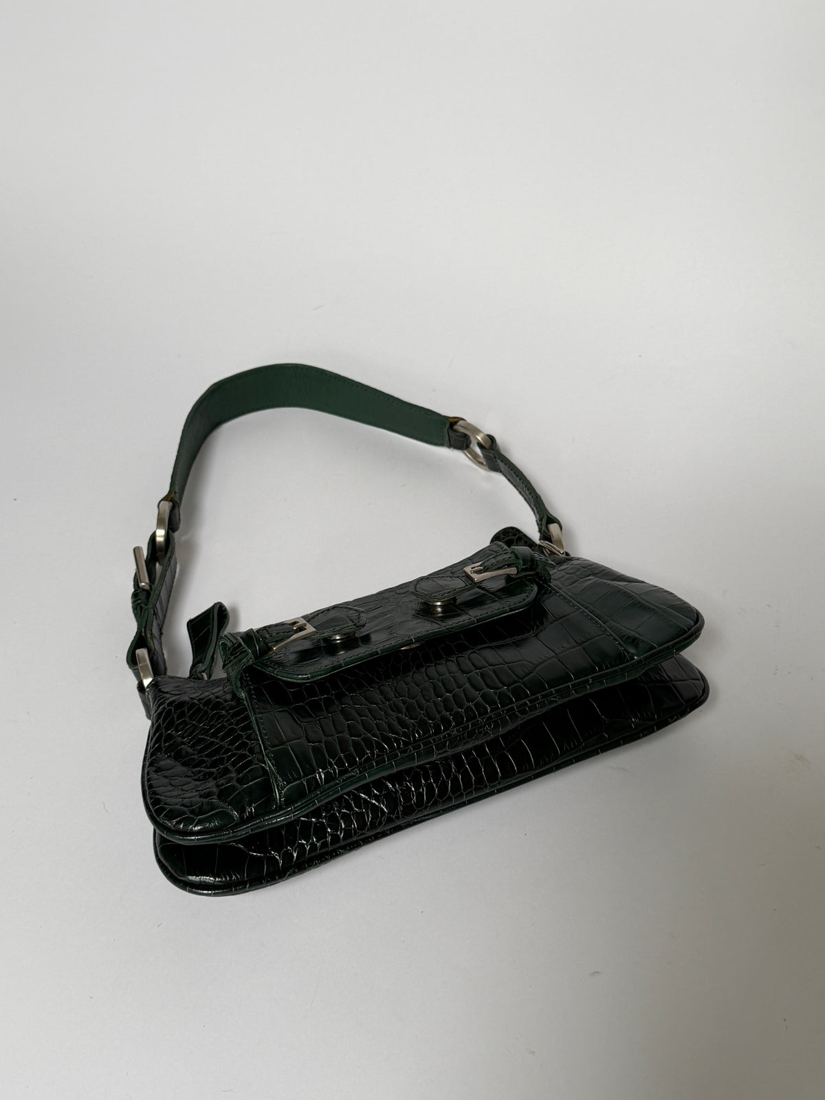 Dark Green Croc-Embossed Leather Baguette Shoulder Bag