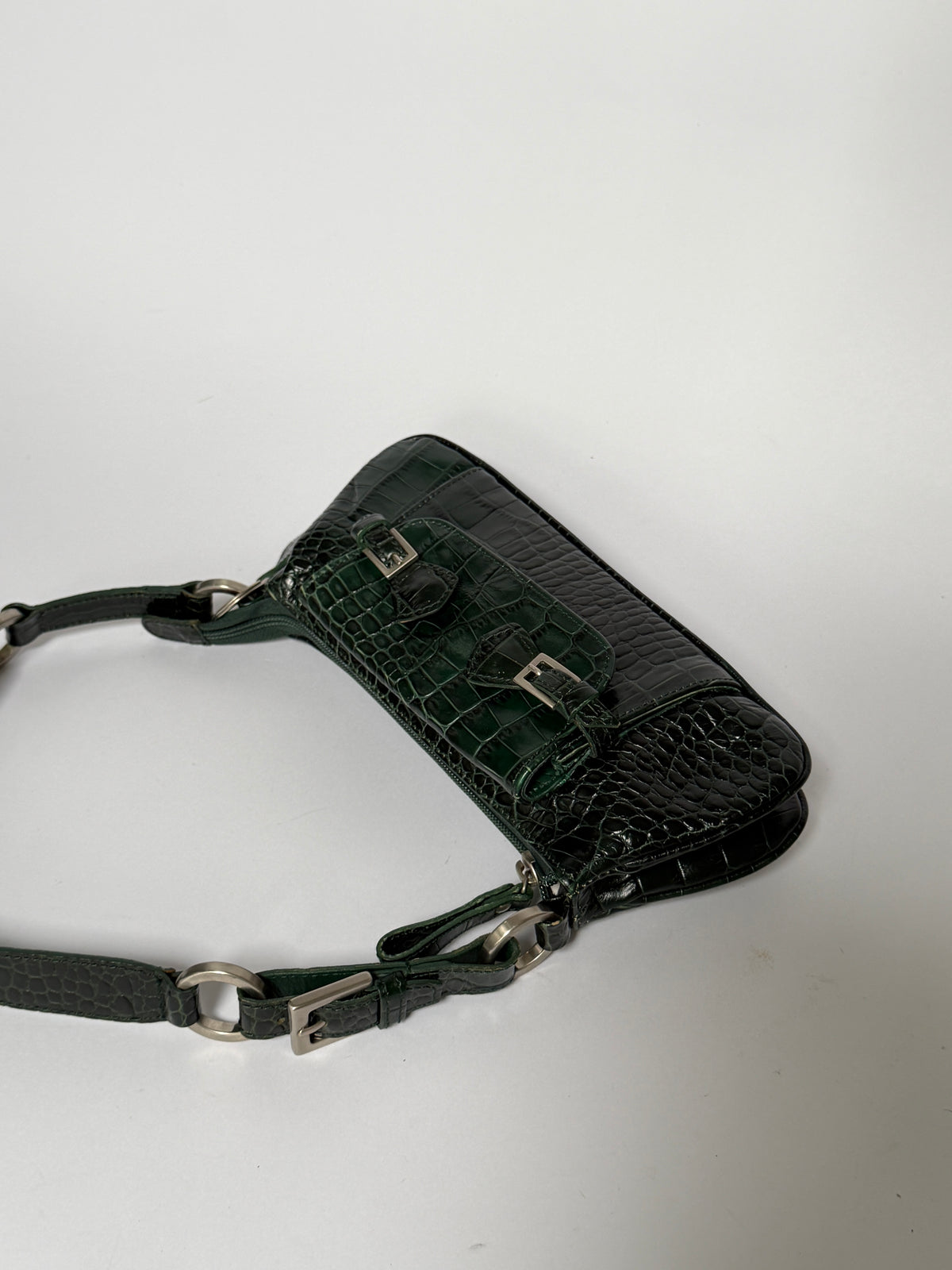 Dark Green Croc-Embossed Leather Baguette Shoulder Bag