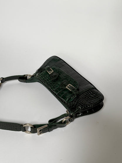Dark Green Croc-Embossed Leather Baguette Shoulder Bag