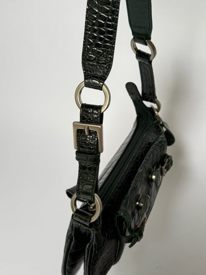 Dark Green Croc-Embossed Leather Baguette Shoulder Bag
