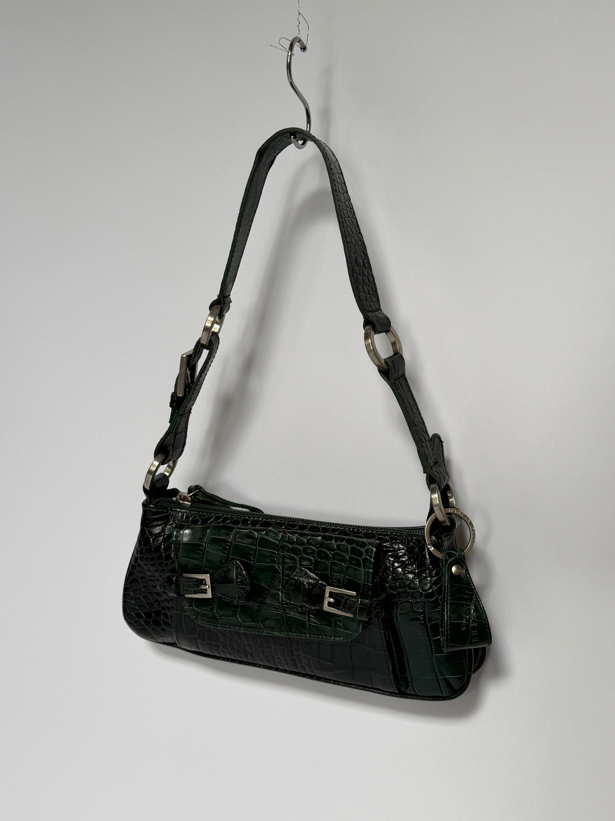 Dark Green Croc-Embossed Leather Baguette Shoulder Bag