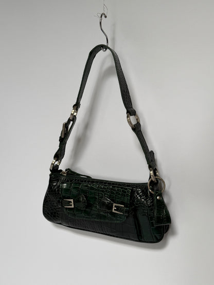 Dark Green Croc-Embossed Leather Baguette Shoulder Bag