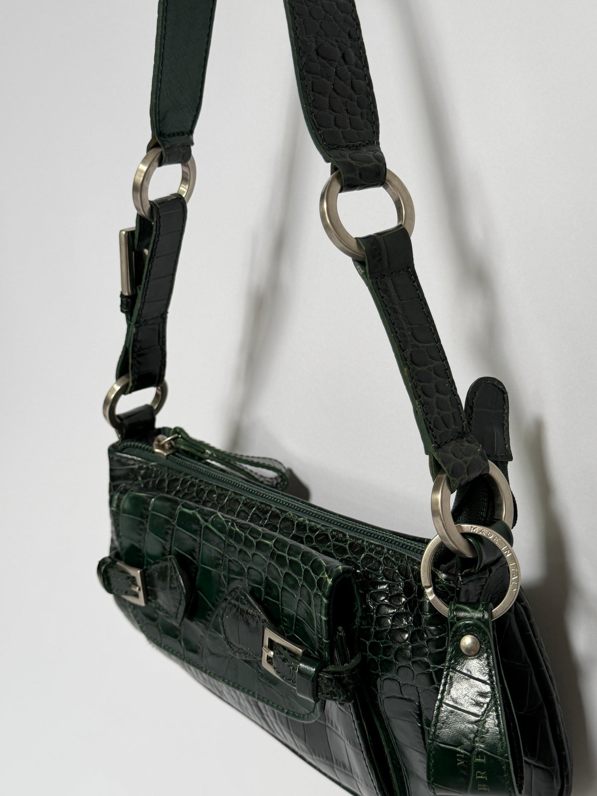 Dark Green Croc-Embossed Leather Baguette Shoulder Bag