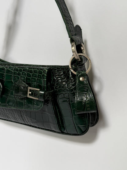 Dark Green Croc-Embossed Leather Baguette Shoulder Bag