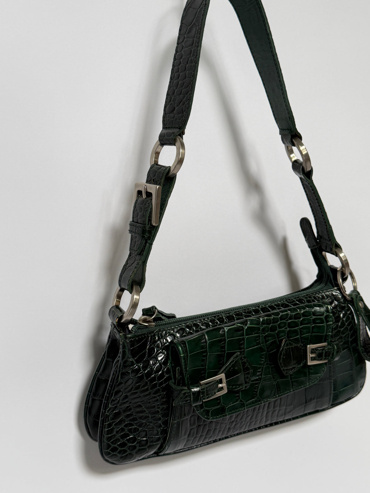 Dark Green Croc-Embossed Leather Baguette Shoulder Bag