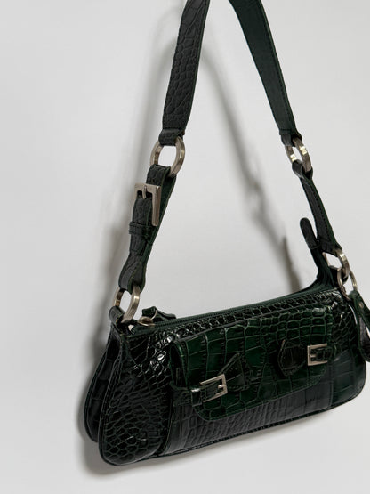 Dark Green Croc-Embossed Leather Baguette Shoulder Bag