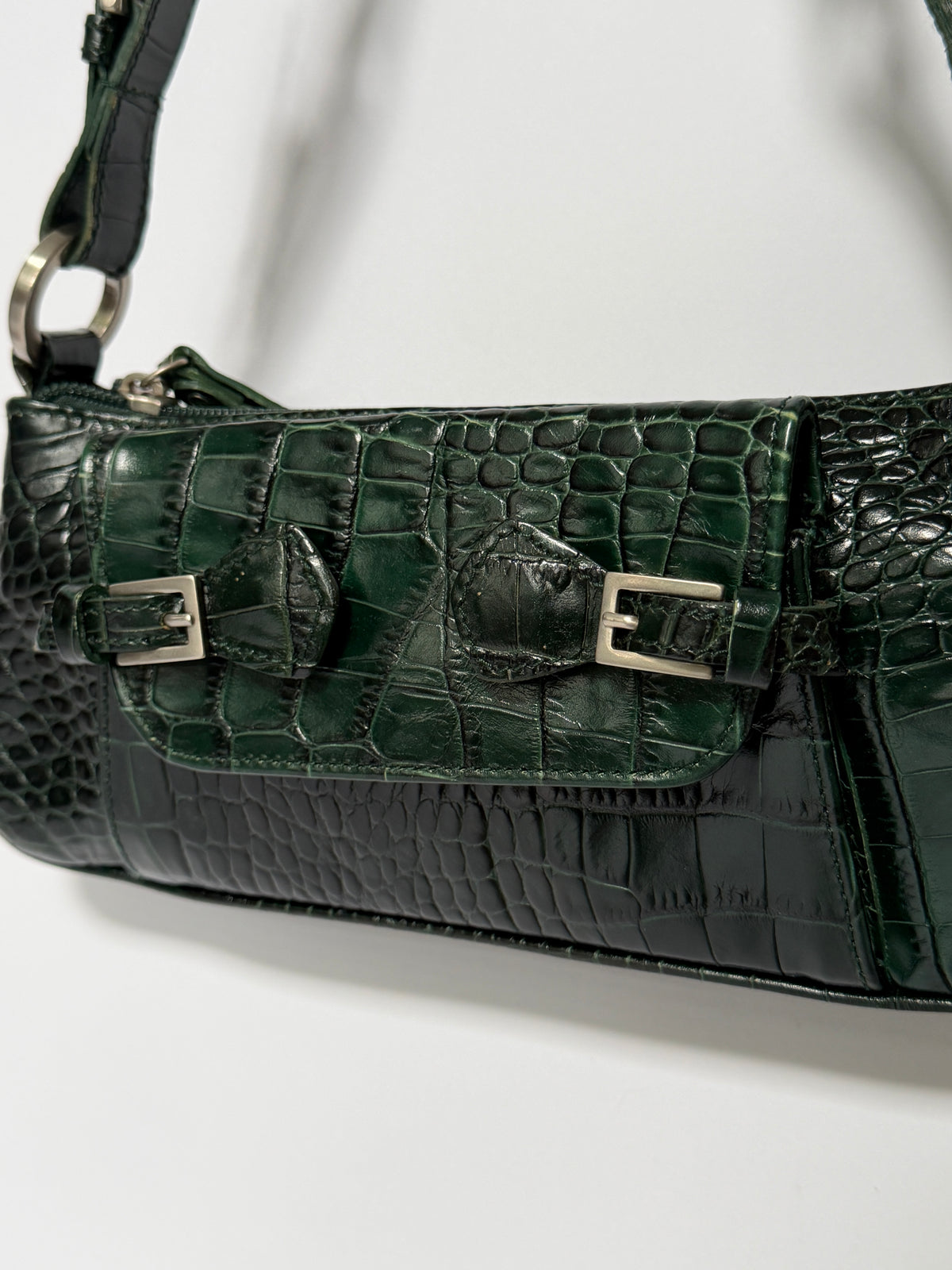 Dark Green Croc-Embossed Leather Baguette Shoulder Bag