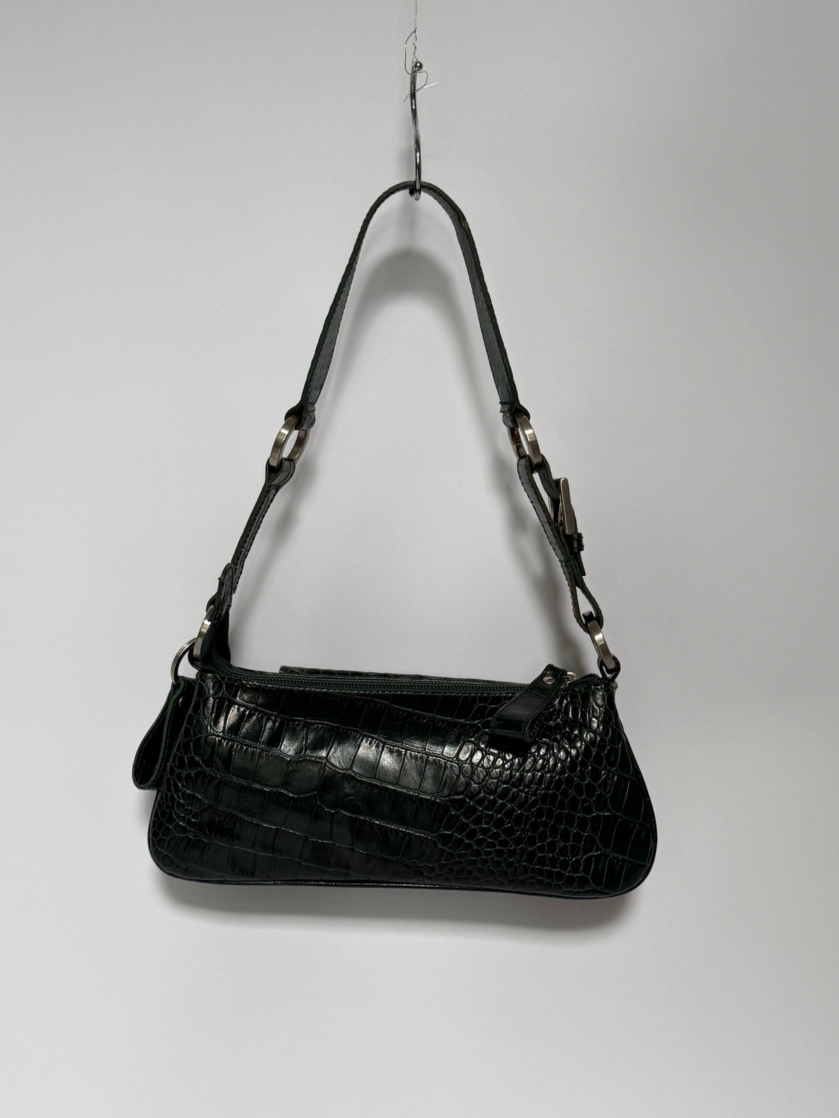 Dark Green Croc-Embossed Leather Baguette Shoulder Bag