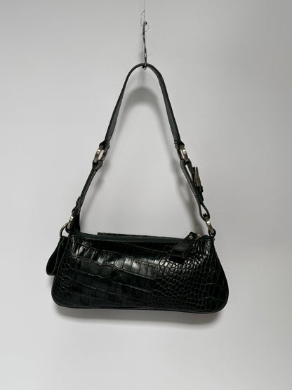 Dark Green Croc-Embossed Leather Baguette Shoulder Bag