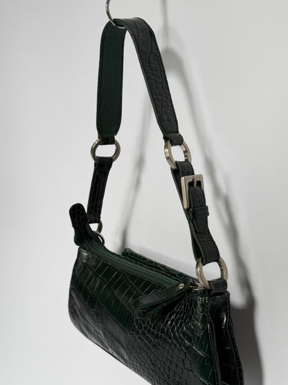 Dark Green Croc-Embossed Leather Baguette Shoulder Bag
