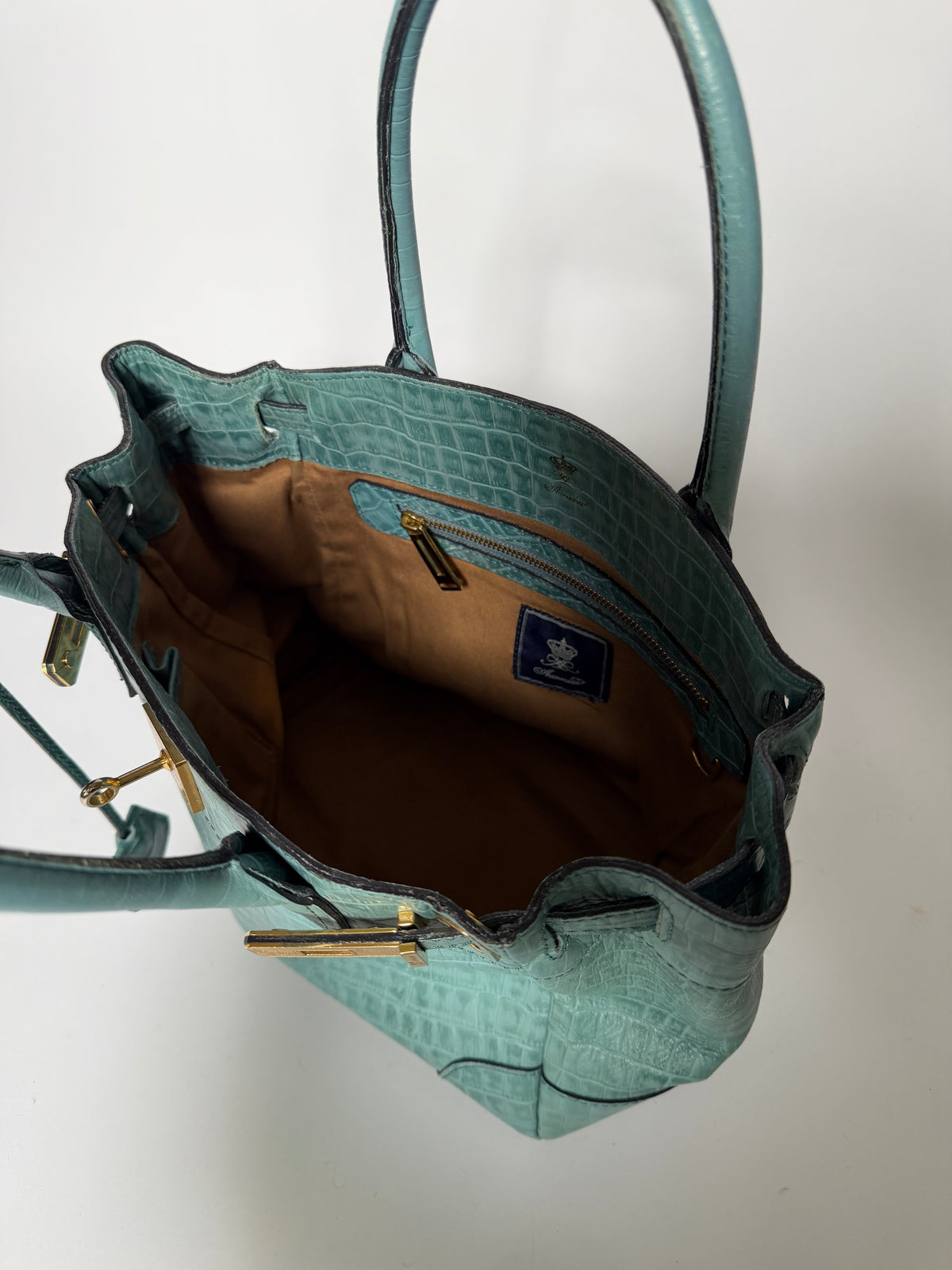Aqua Blue Croc-Embossed Leather Tote Bag