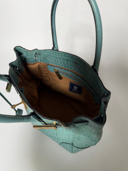 Aqua Blue Croc-Embossed Leather Tote Bag