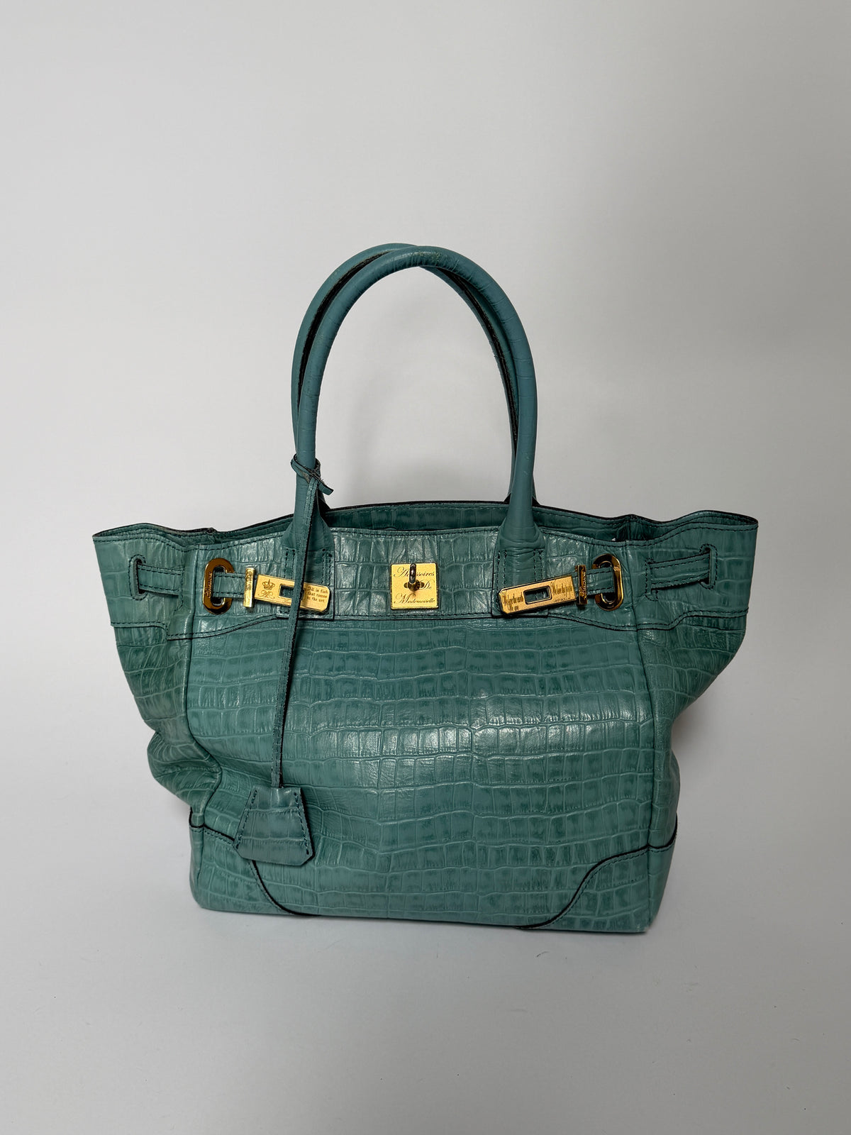 Aqua Blue Croc-Embossed Leather Tote Bag