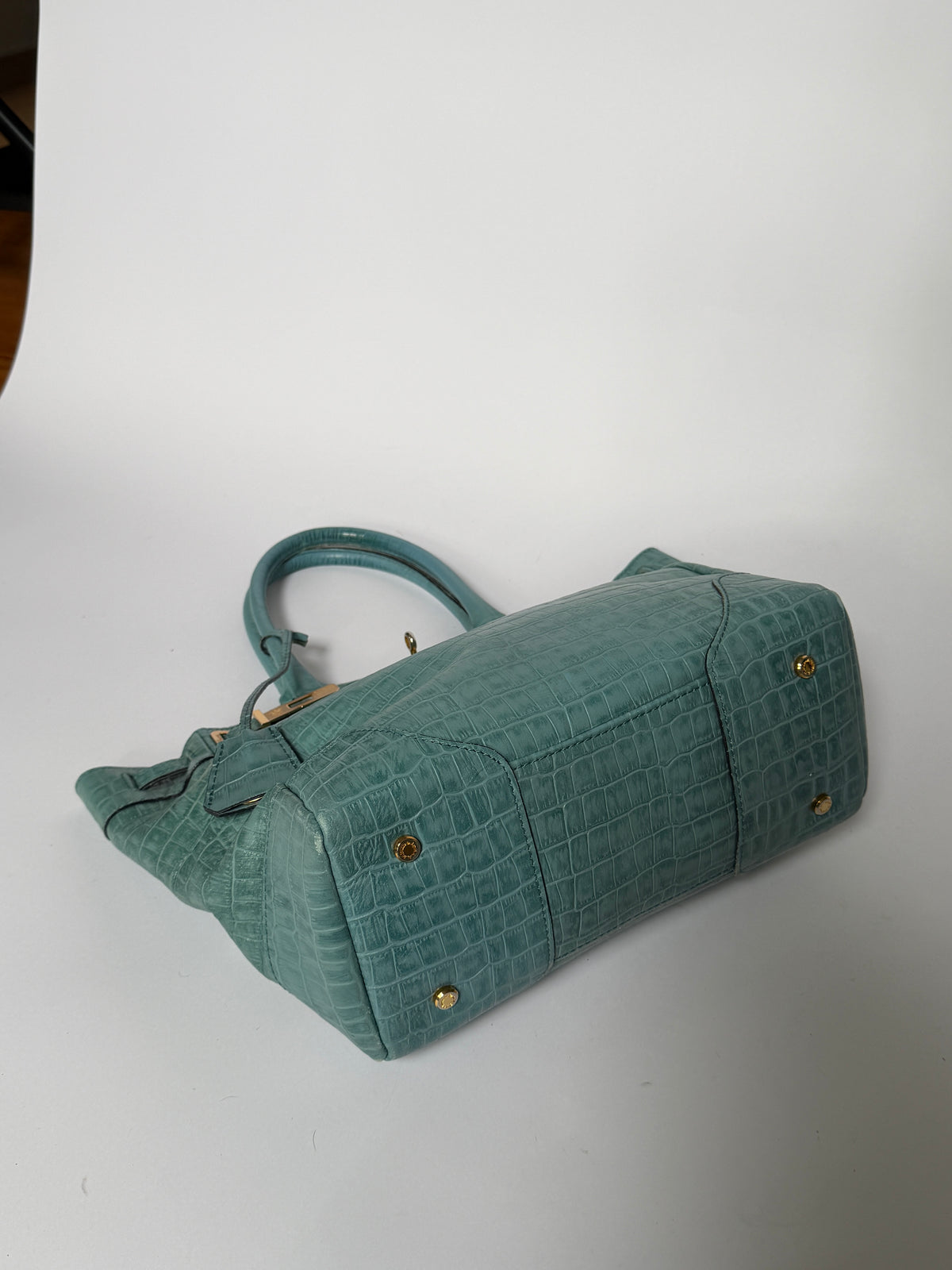 Aqua Blue Croc-Embossed Leather Tote Bag