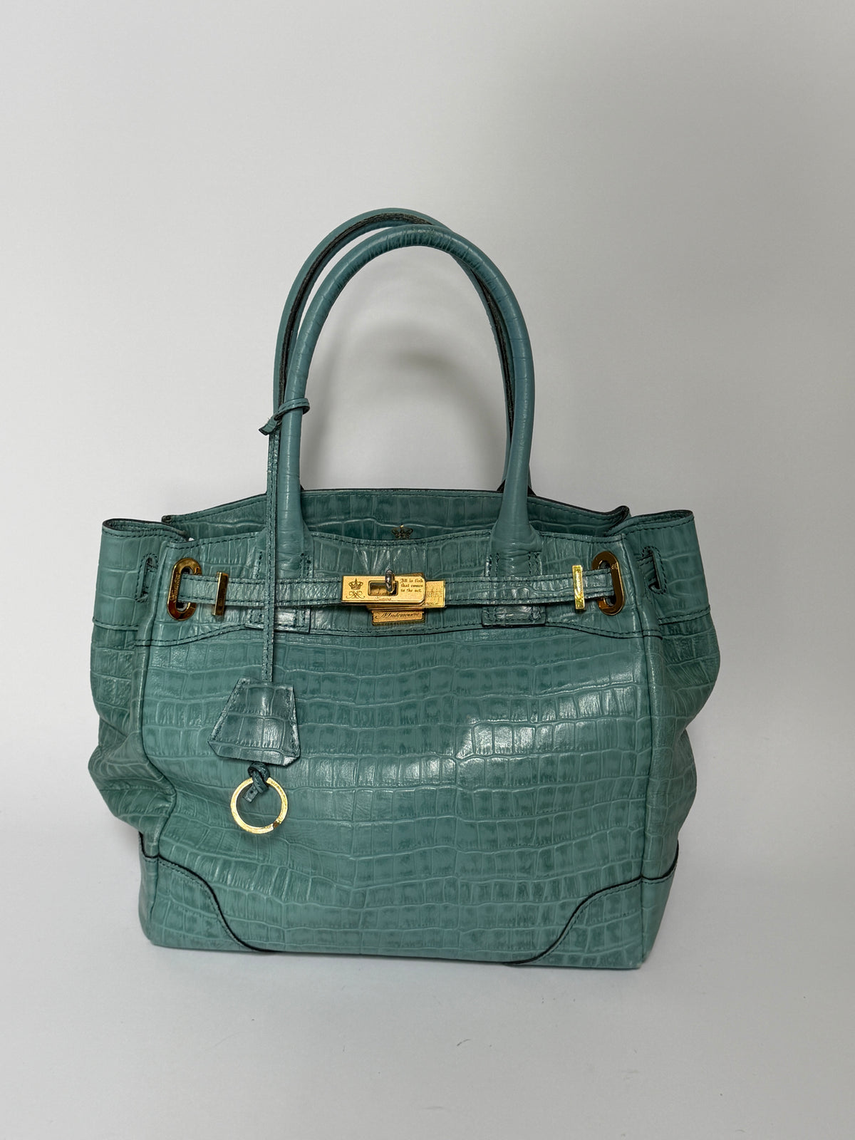 Aqua Blue Croc-Embossed Leather Tote Bag