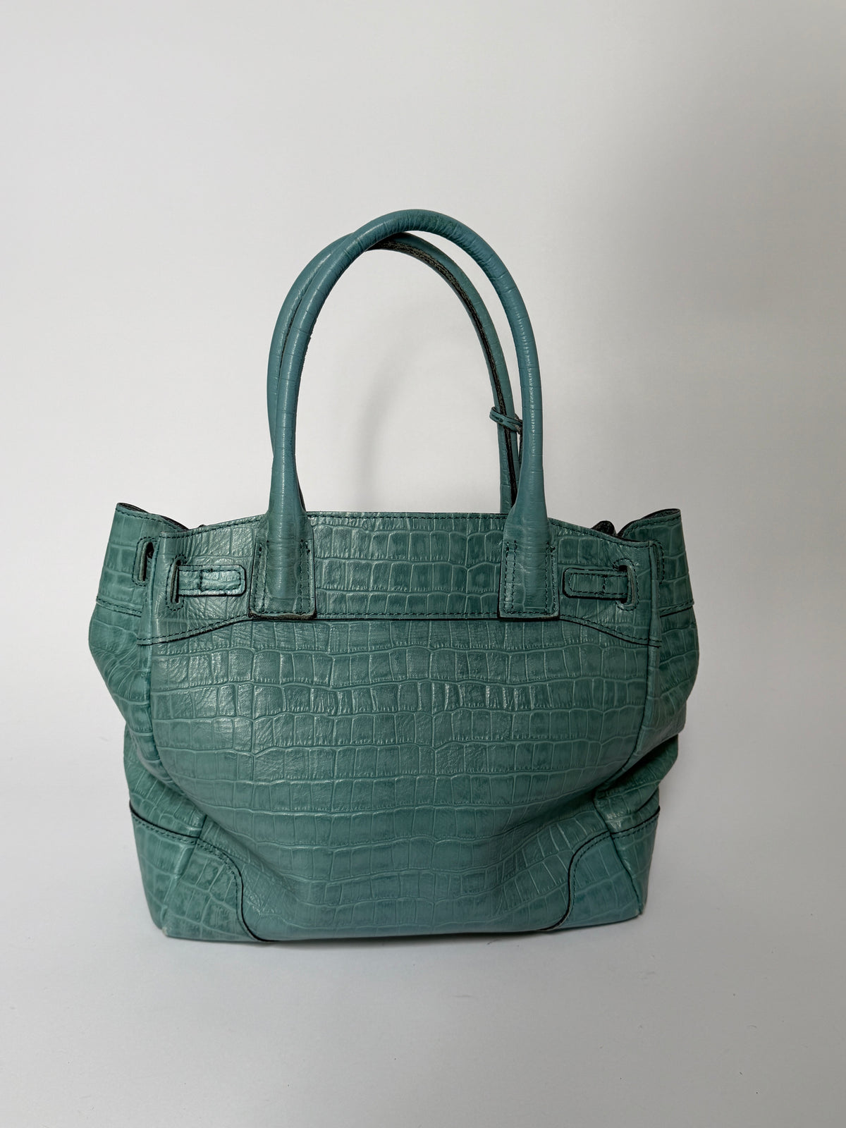 Aqua Blue Croc-Embossed Leather Tote Bag