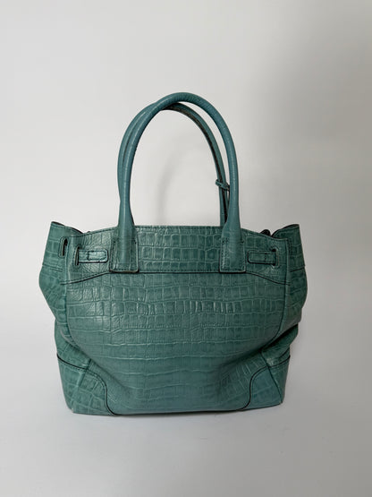 Aqua Blue Croc-Embossed Leather Tote Bag