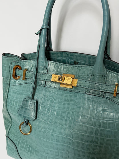 Aqua Blue Croc-Embossed Leather Tote Bag