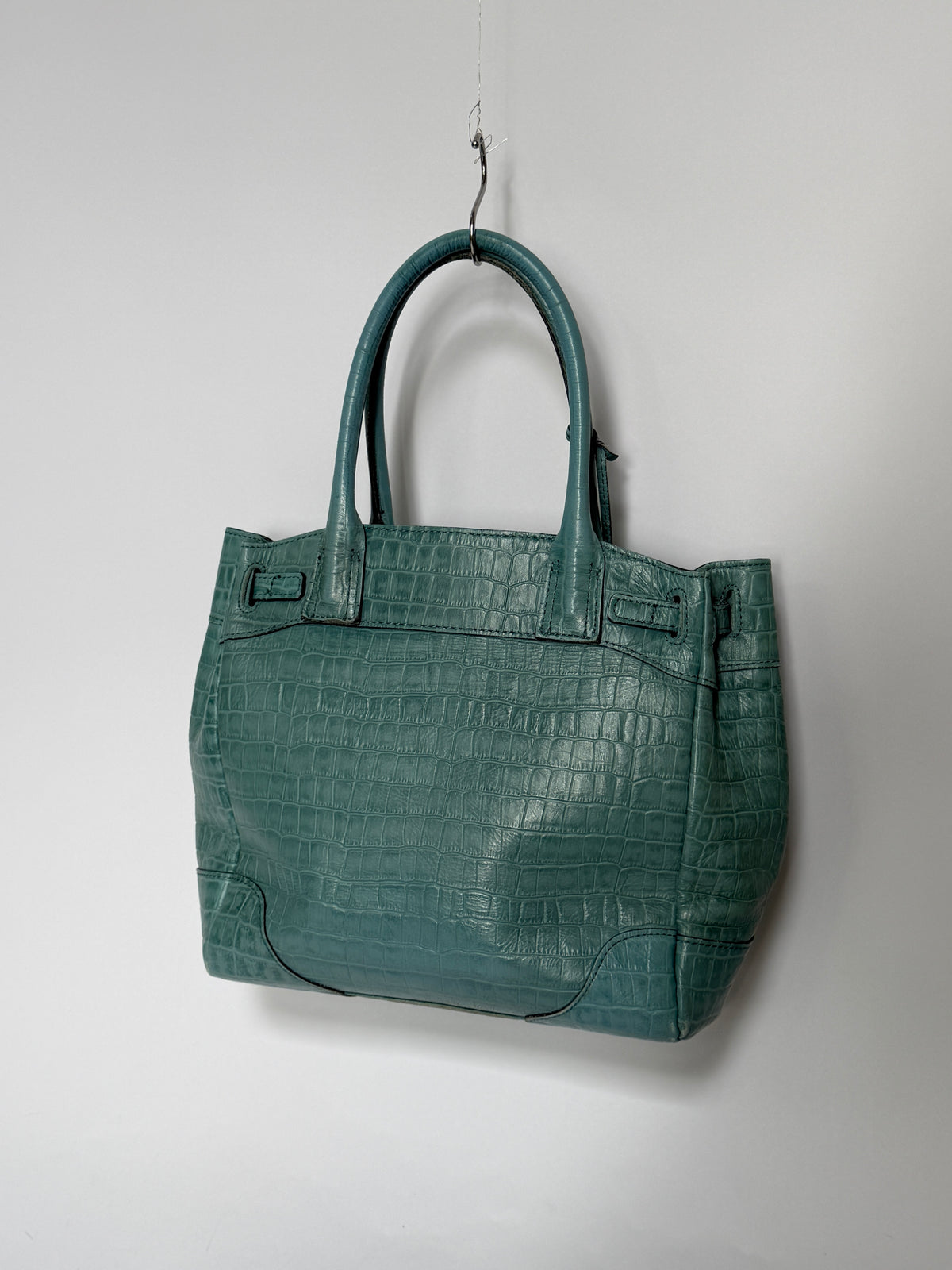 Aqua Blue Croc-Embossed Leather Tote Bag