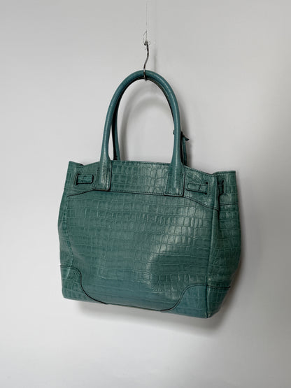 Aqua Blue Croc-Embossed Leather Tote Bag