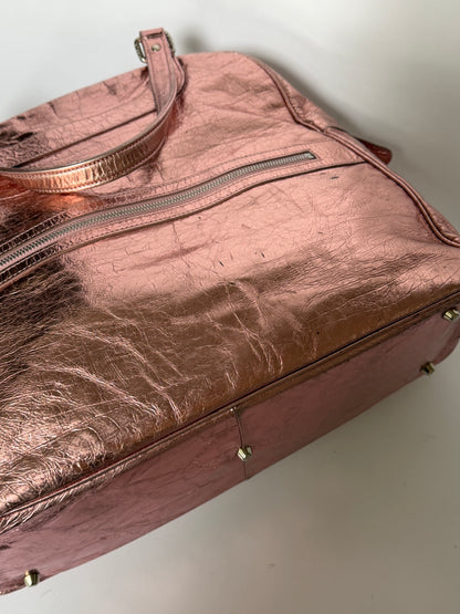 Large Metallic Pink Crinkled Leather Duffle Bag