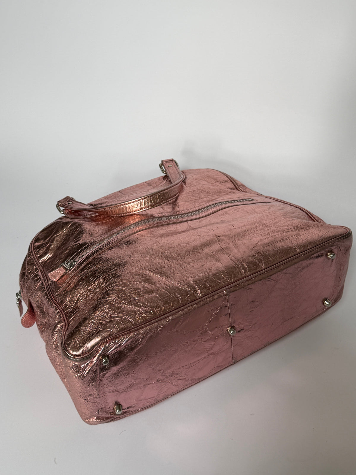 Large Metallic Pink Crinkled Leather Duffle Bag