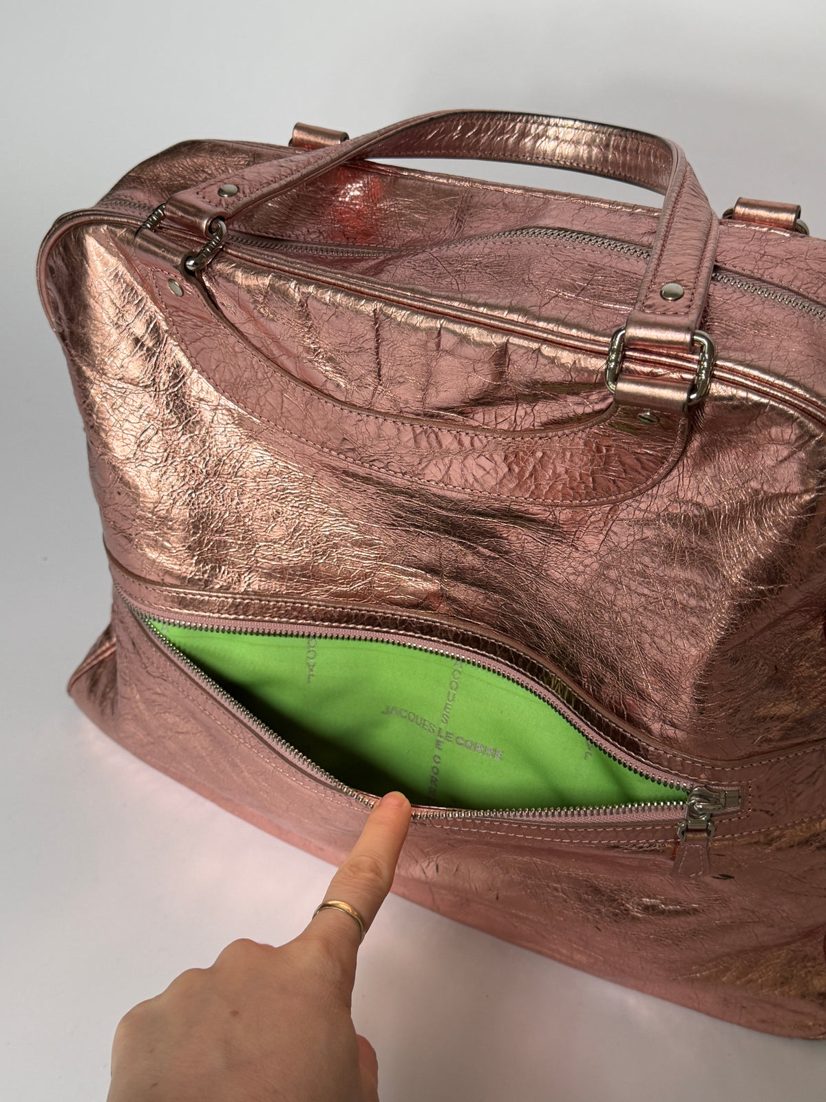 Large Metallic Pink Crinkled Leather Duffle Bag