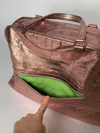 Large Metallic Pink Crinkled Leather Duffle Bag