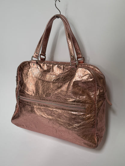 Large Metallic Pink Crinkled Leather Duffle Bag