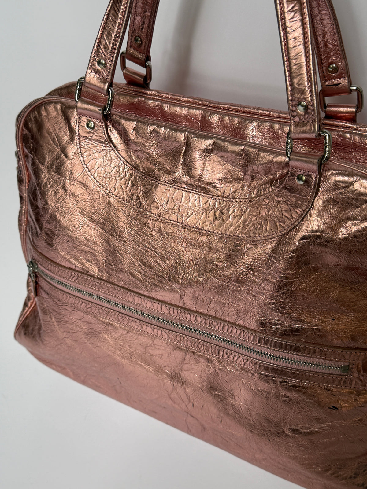 Large Metallic Pink Crinkled Leather Duffle Bag