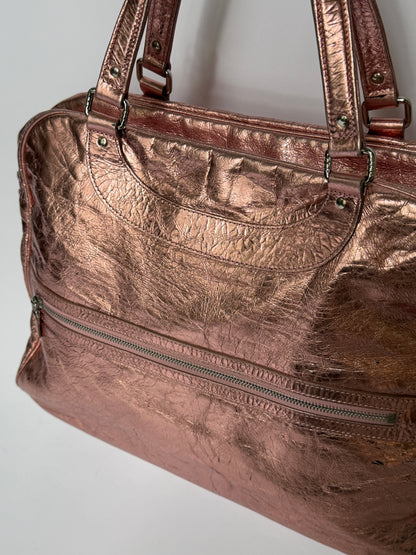Large Metallic Pink Crinkled Leather Duffle Bag