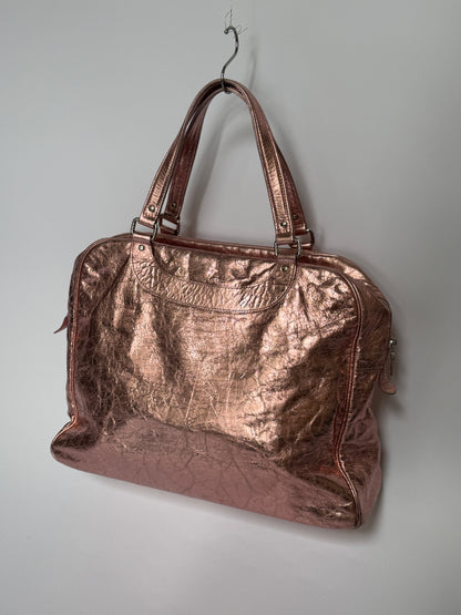Large Metallic Pink Crinkled Leather Duffle Bag