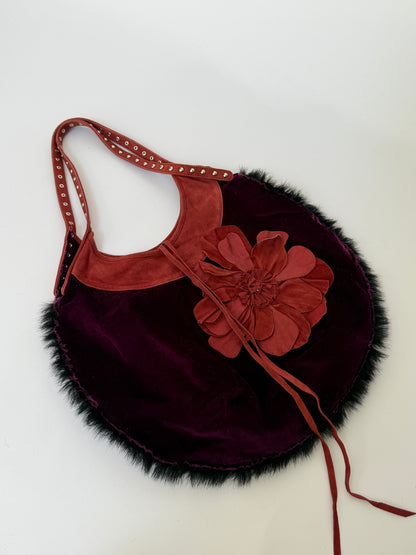 Purple Velvet Round Hobo Bag with Red Leather Flower