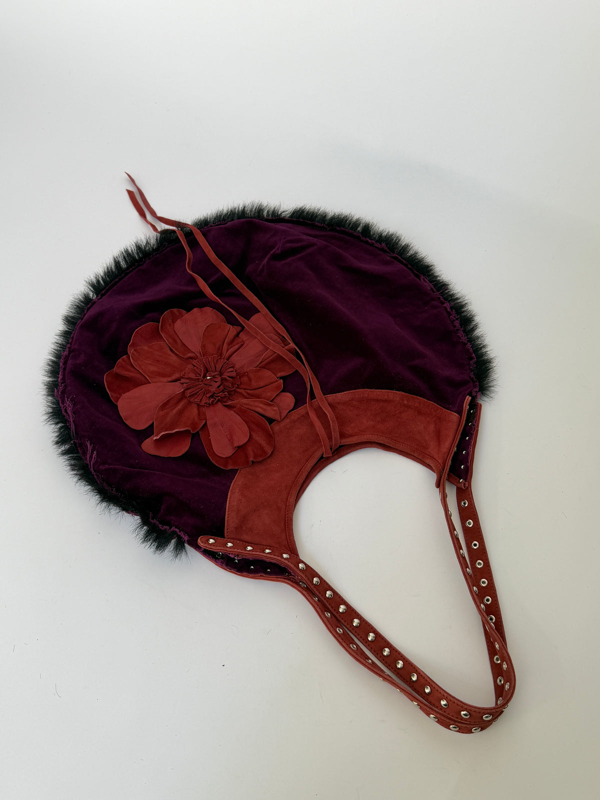 Purple Velvet Round Hobo Bag with Red Leather Flower