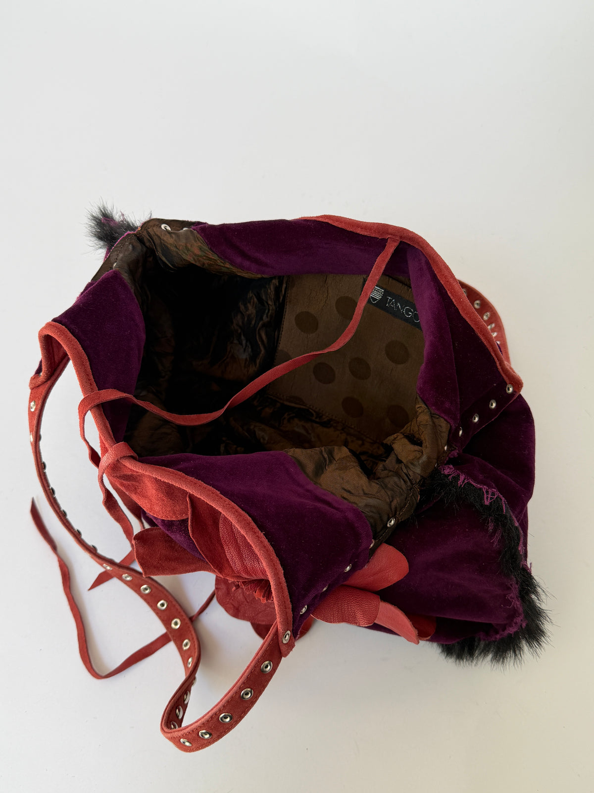 Purple Velvet Round Hobo Bag with Red Leather Flower