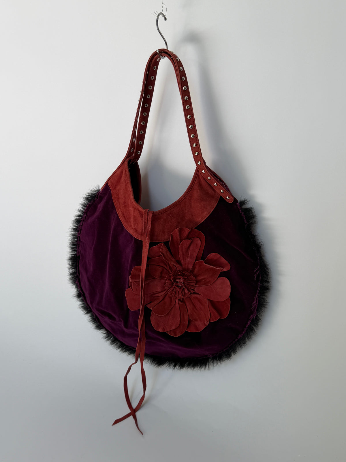 Purple Velvet Round Hobo Bag with Red Leather Flower