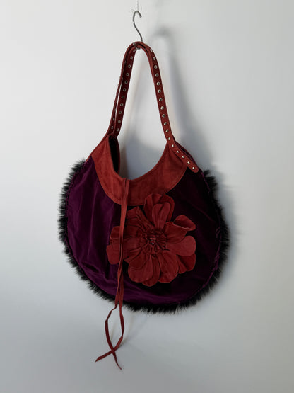 Purple Velvet Round Hobo Bag with Red Leather Flower