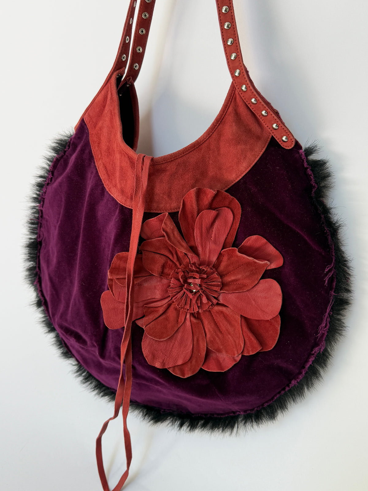 Purple Velvet Round Hobo Bag with Red Leather Flower