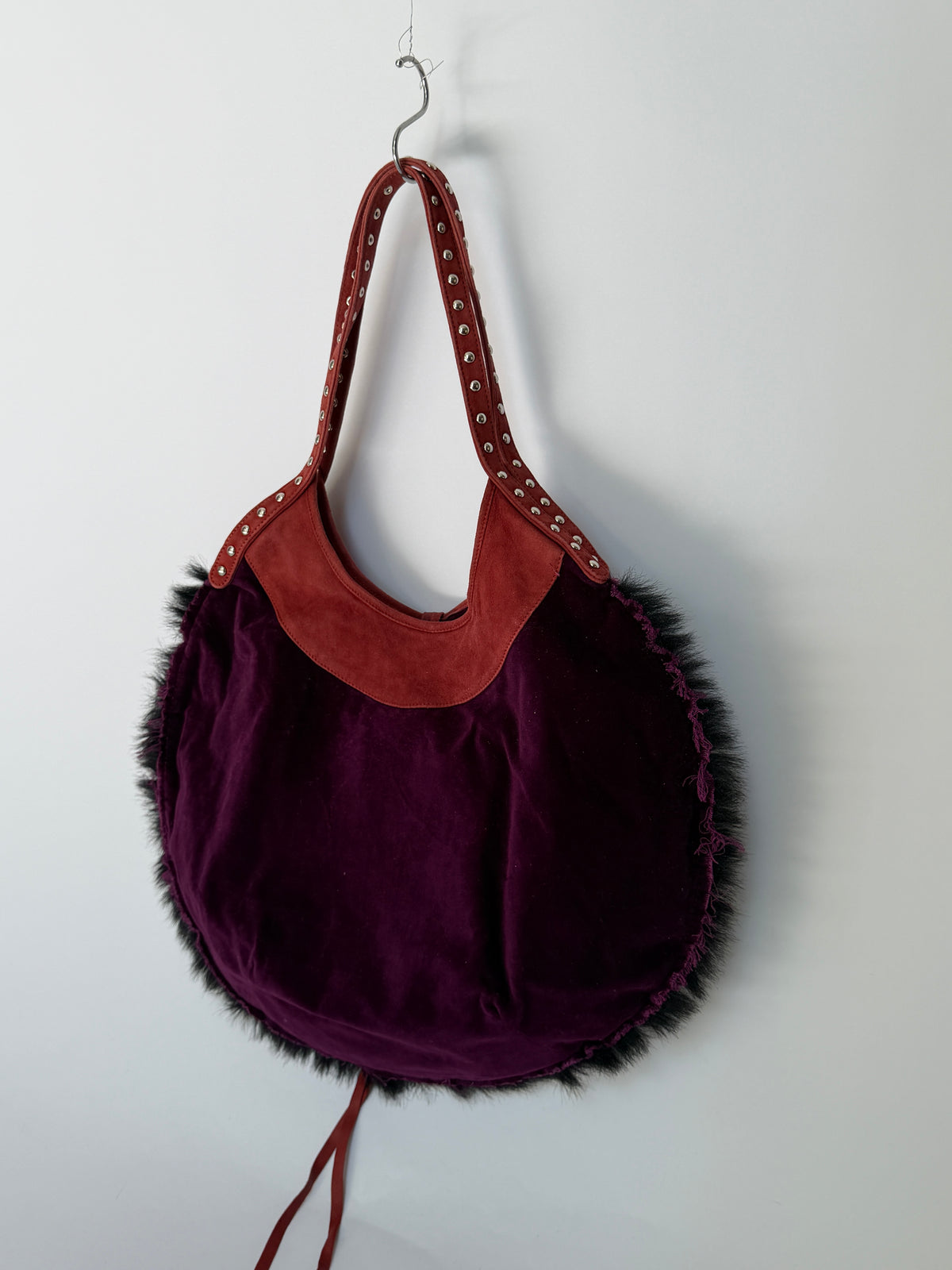 Purple Velvet Round Hobo Bag with Red Leather Flower