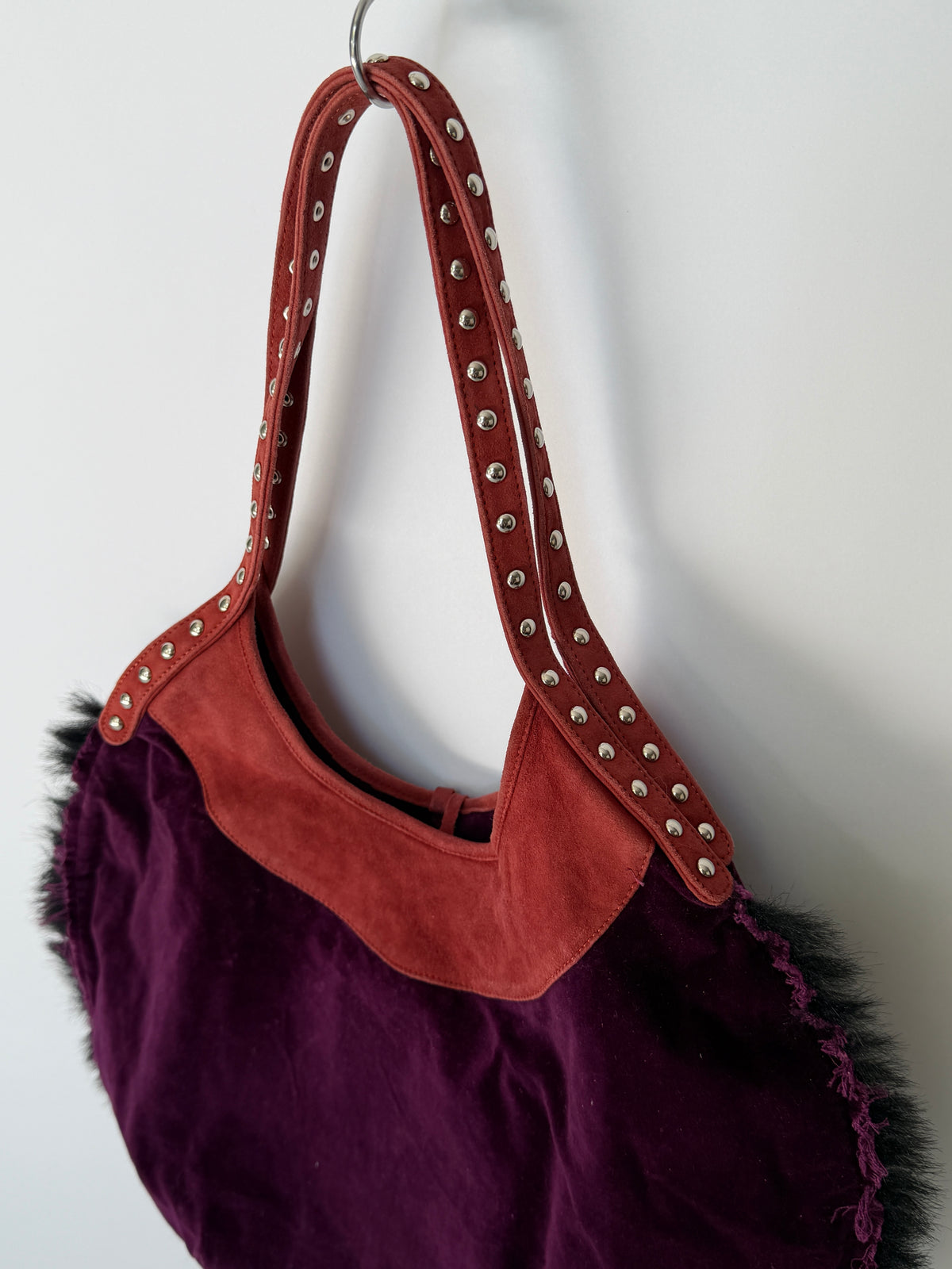Purple Velvet Round Hobo Bag with Red Leather Flower