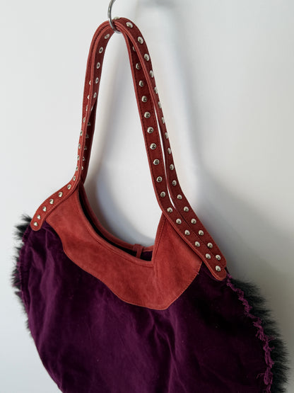Purple Velvet Round Hobo Bag with Red Leather Flower